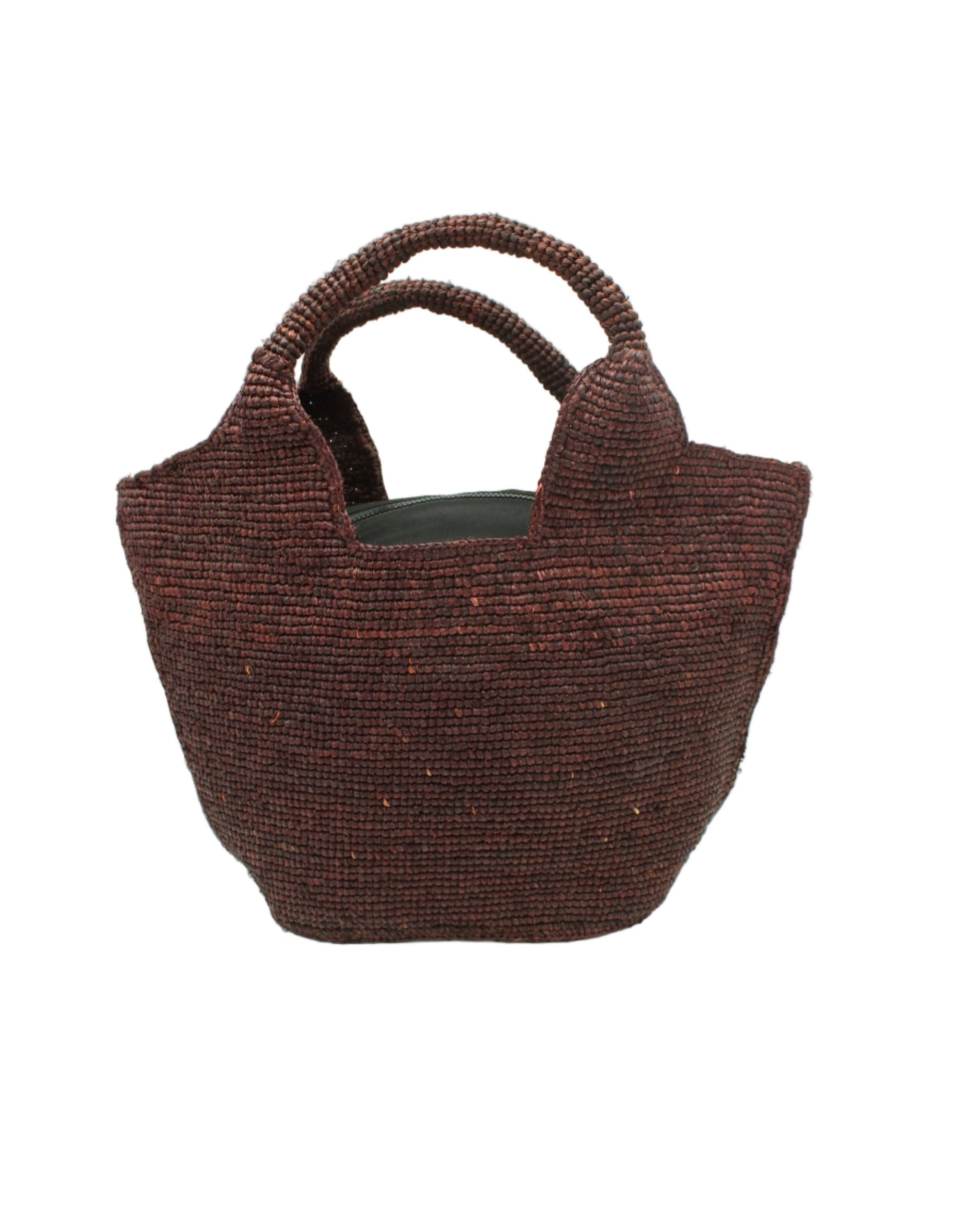 Brown woven handbag on a white background