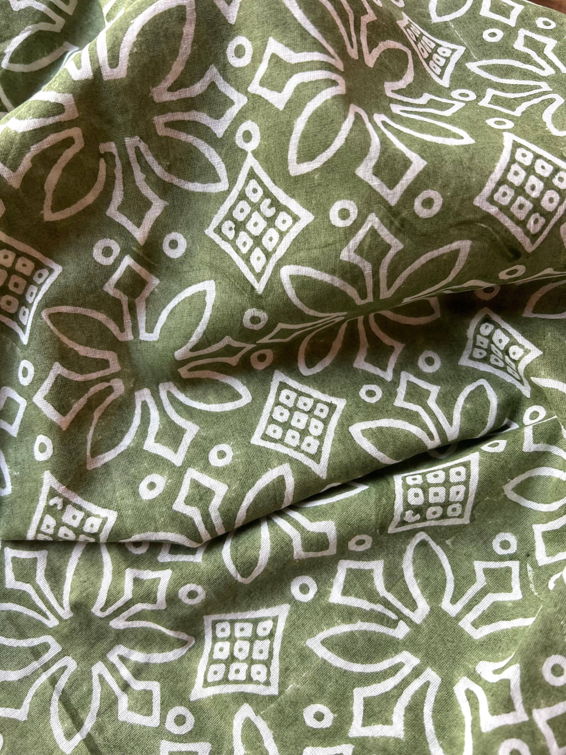 Green fabric with white geometric pattern