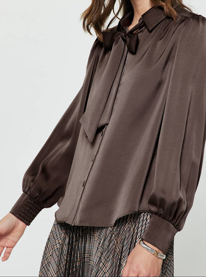 A woman wearing a dark brown satin blouse with a large bow at the collar and long balloon sleeves, paired with a patterned skirt, against a plain light gray studio background.