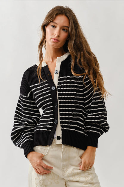 Black & White Striped Balloon Sleeve Cardigan