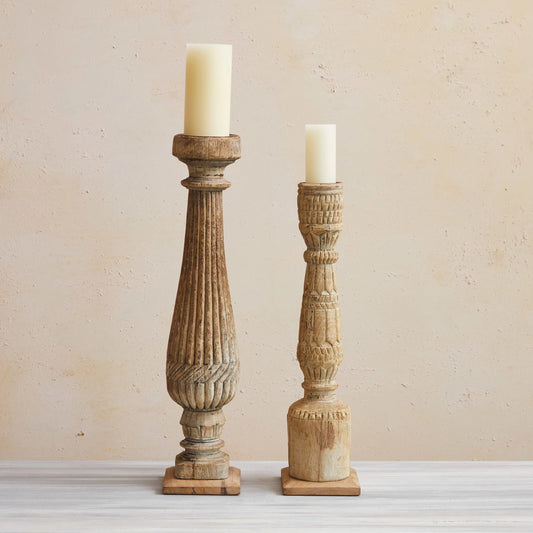 Found Hand-Carved Wood Table Leg Pillar Candle