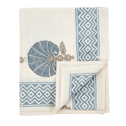 Decorative throw blanket with blue and beige patterns on a white background