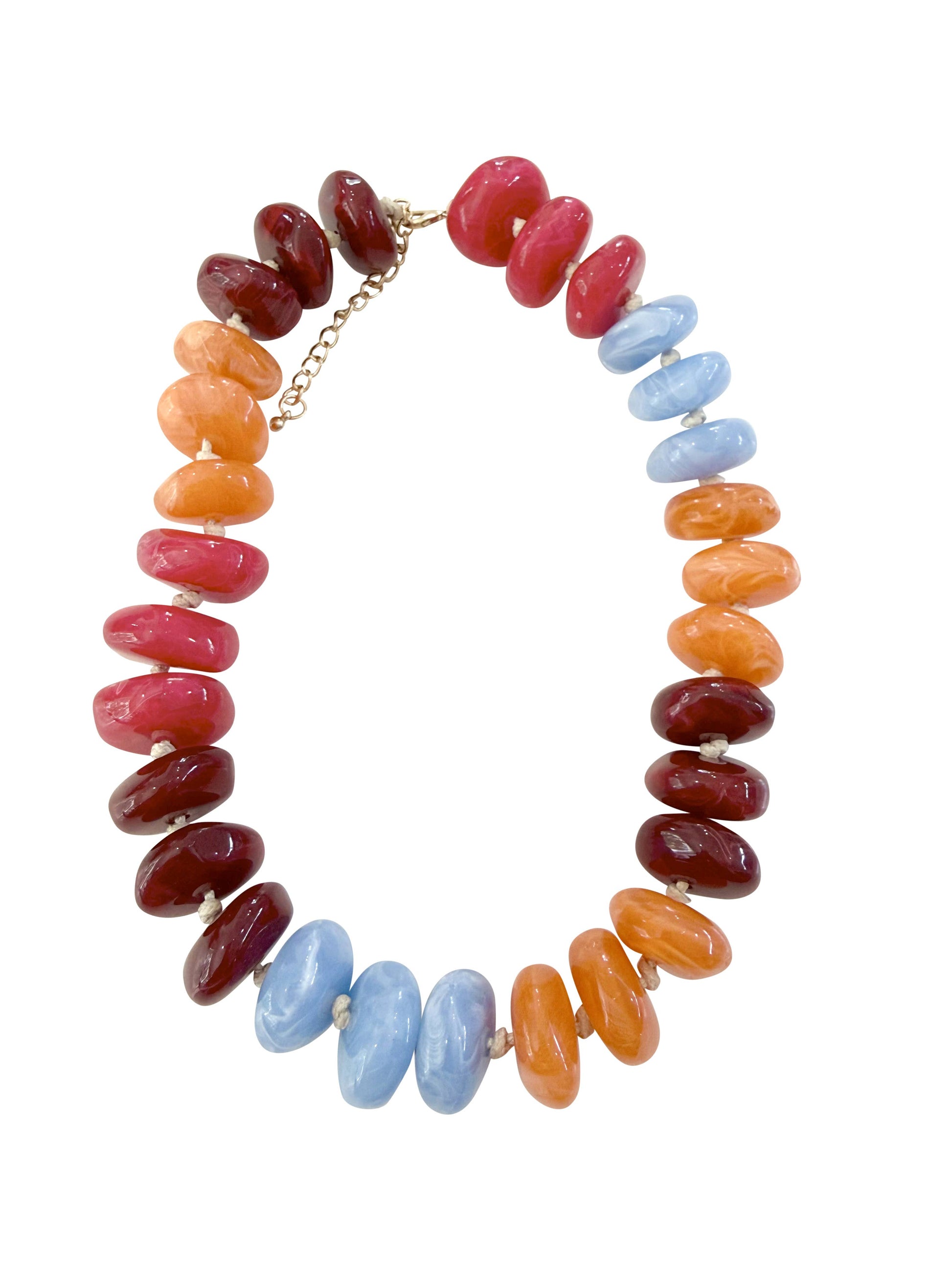 Colorful beaded necklace on a white background