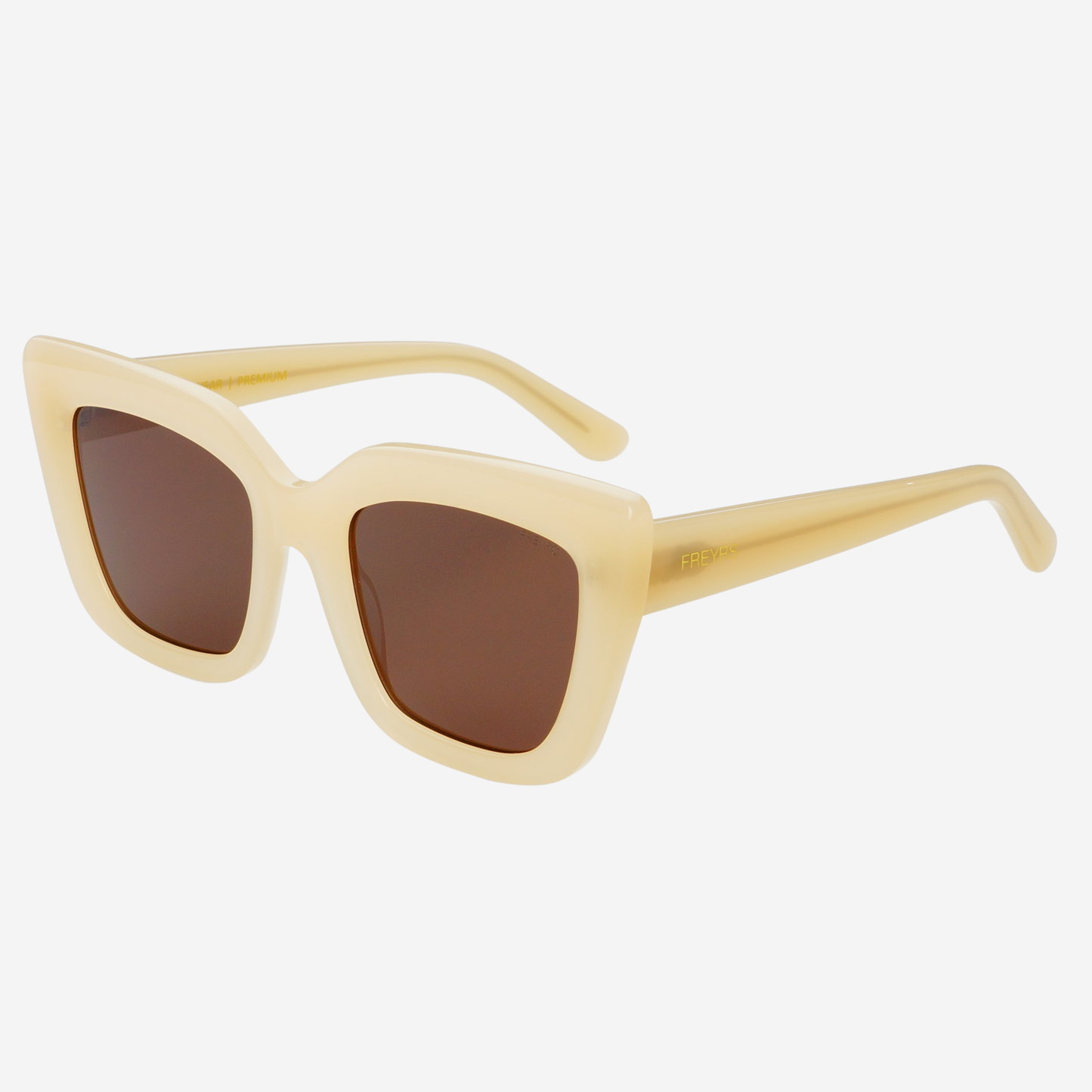 Beige sunglasses with brown lenses on a white background