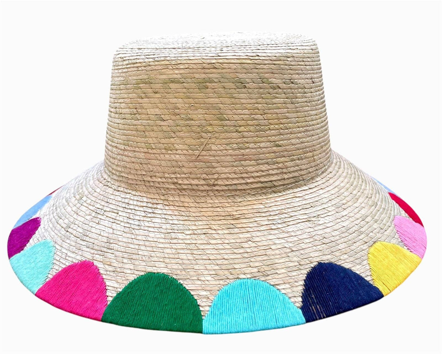 Beige straw hat with colorful scalloped edge on a white background