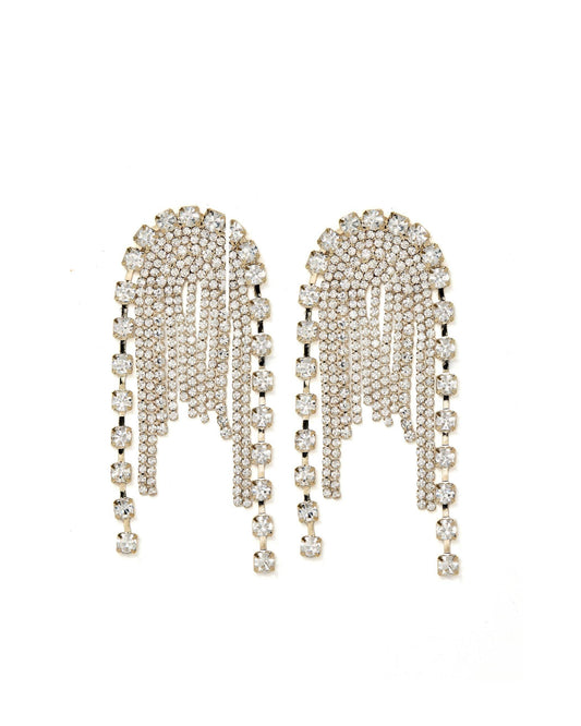 Pair of ornate earrings with dangling beads on a white background