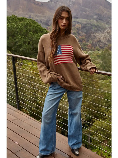 Olive Brown American Flag Knit Sweater