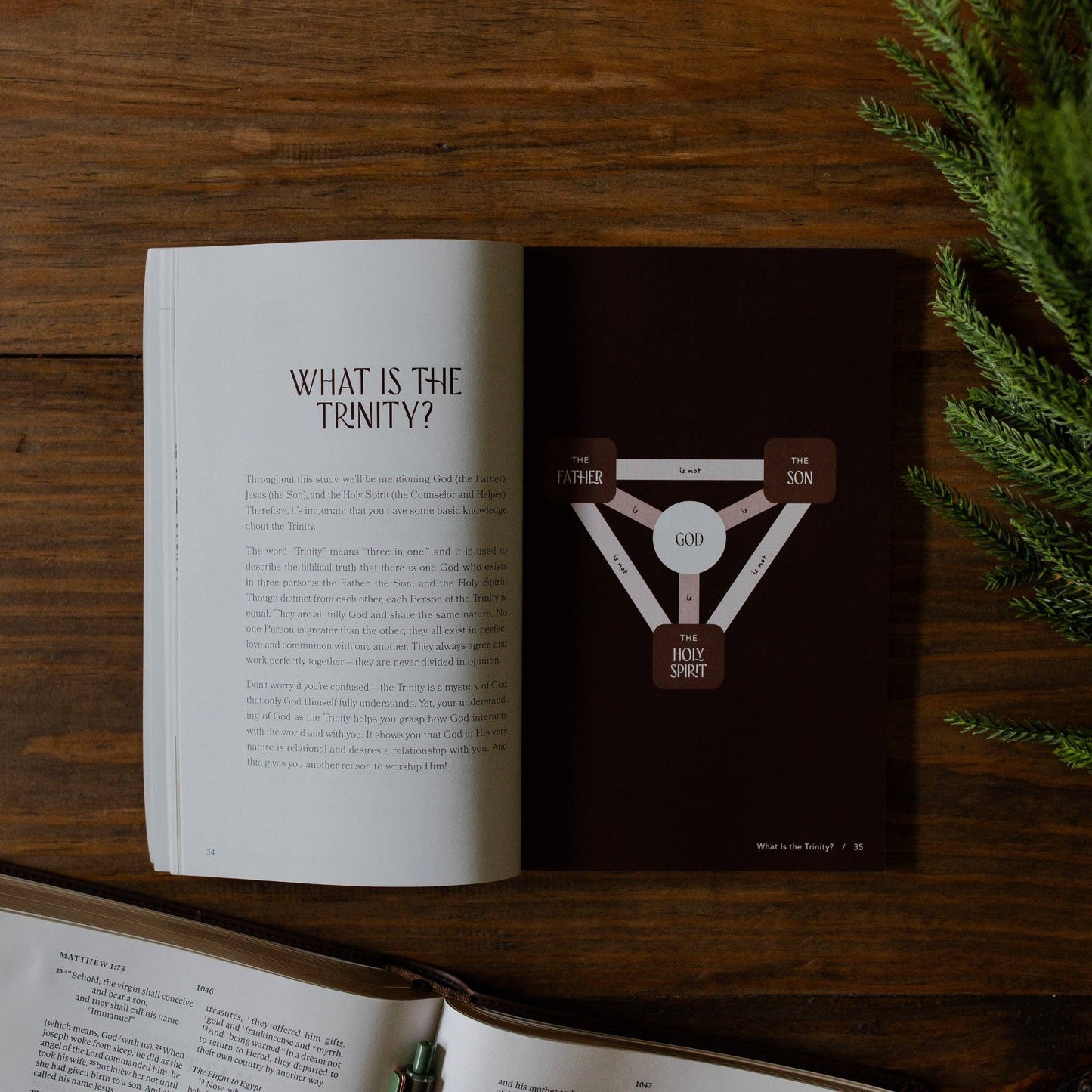 Open book on a wooden surface with a diagram of the Trinity on a dark background
