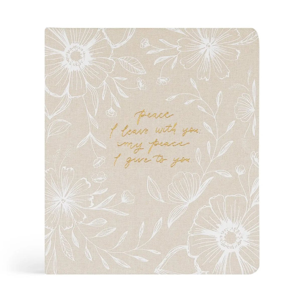 Beige notebook with white floral patterns and gold text on a white background