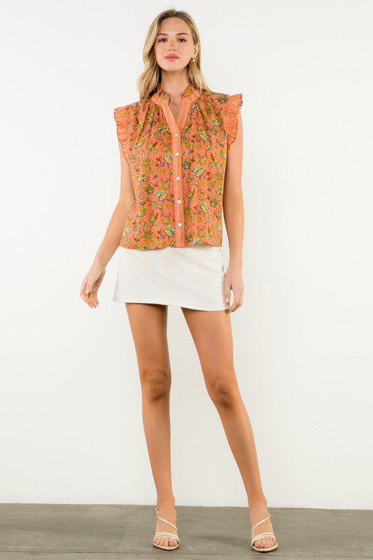 Coral Bloom Ruffle Sleeve top
