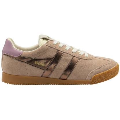 Beige sneaker with purple accents on a white background
