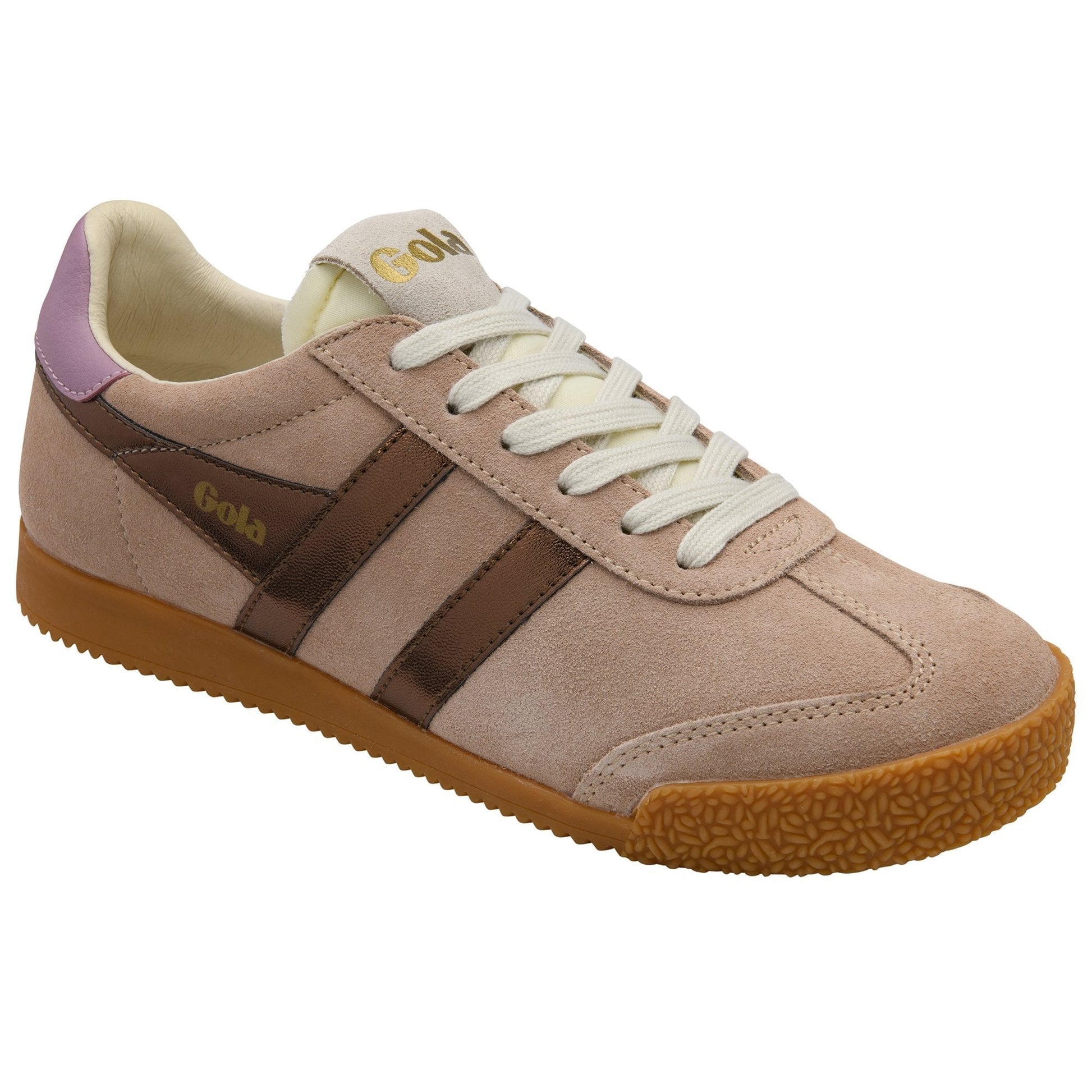 Beige sneaker with brown accents on a white background