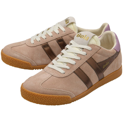 Pair of beige sneakers with brown accents on a white background