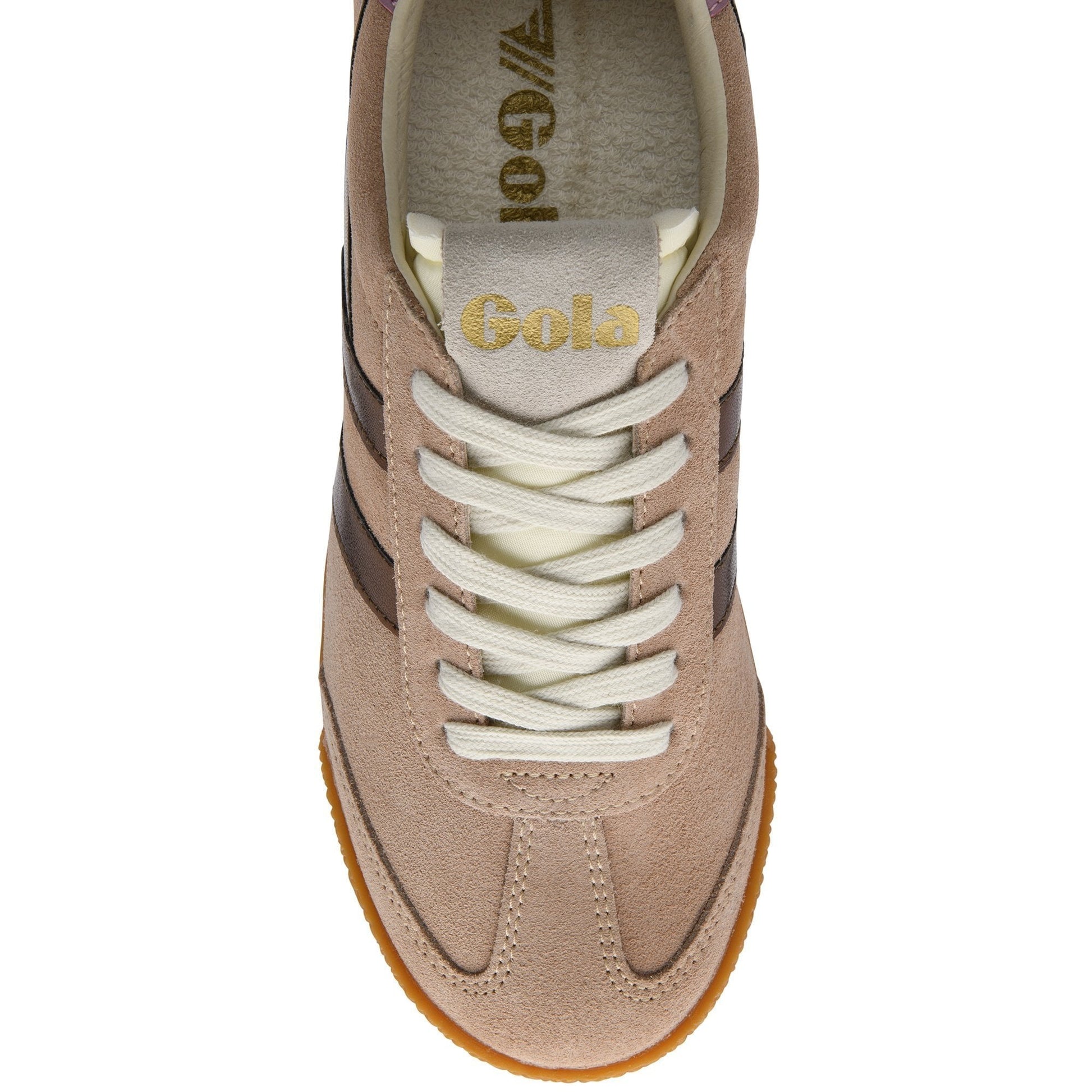 Beige sneaker with white laces and 'Gola' branding on a white background