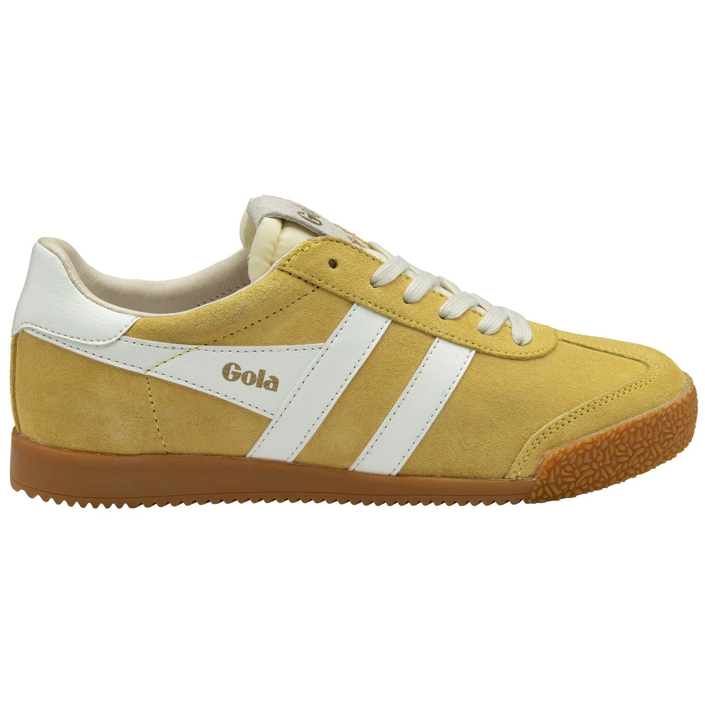 Yellow Gola sneaker with white stripes on a white background