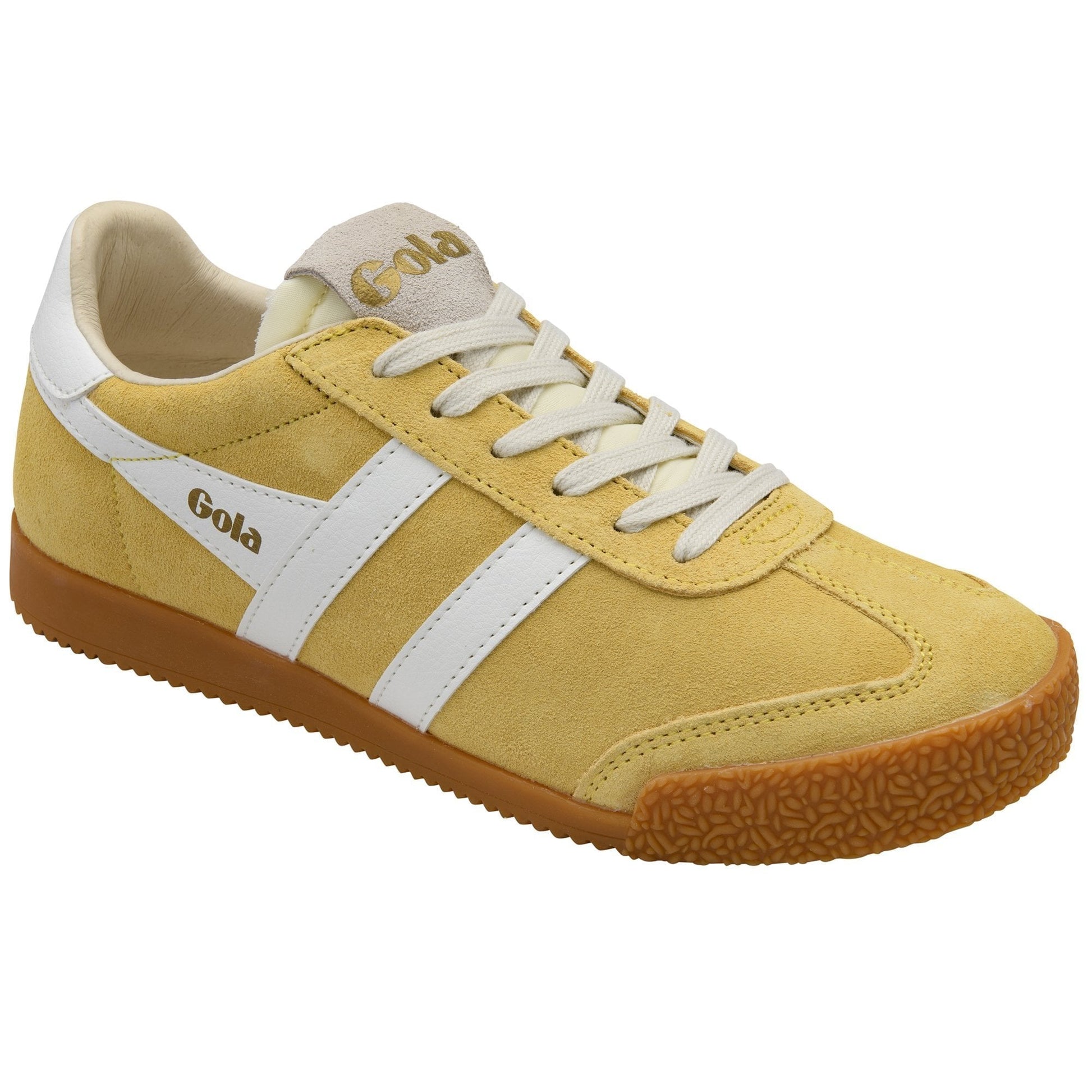 Yellow sneaker with white accents on a white background