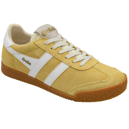 Yellow sneaker with white accents on a white background