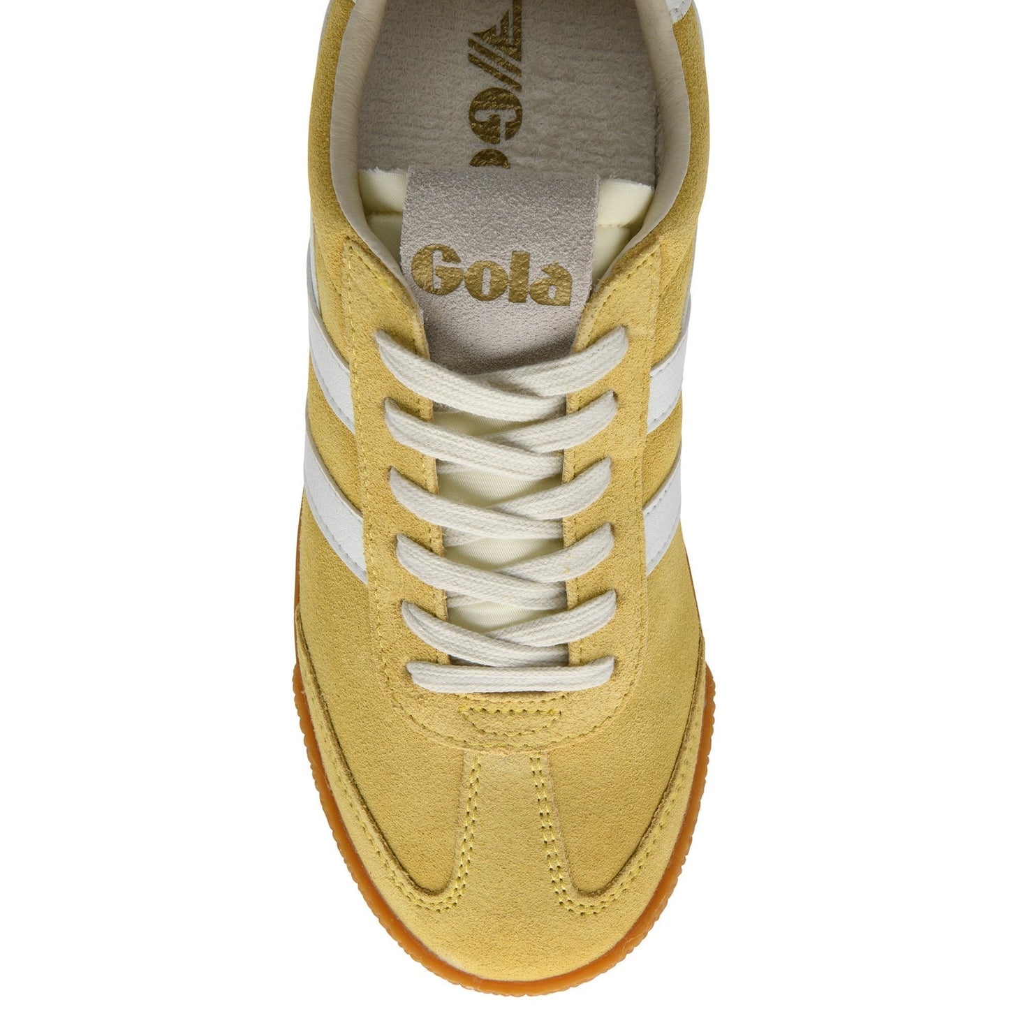 Yellow sneaker with white laces on a white background