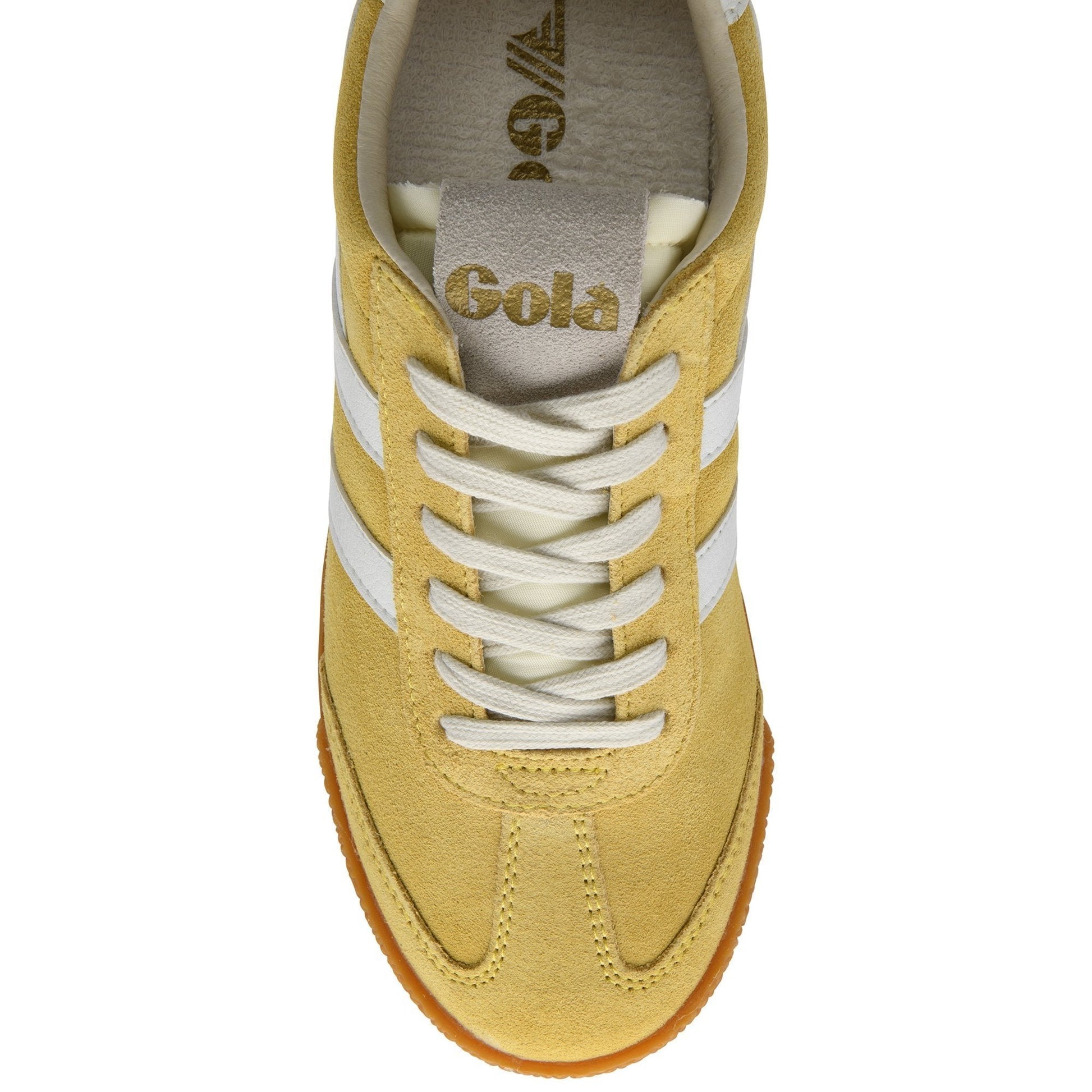 Yellow sneaker with white laces on a white background