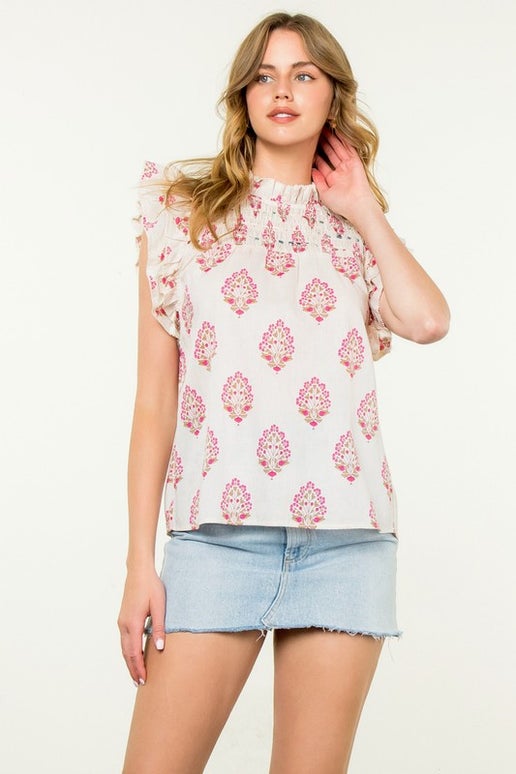Pink Flowers Flutter Top